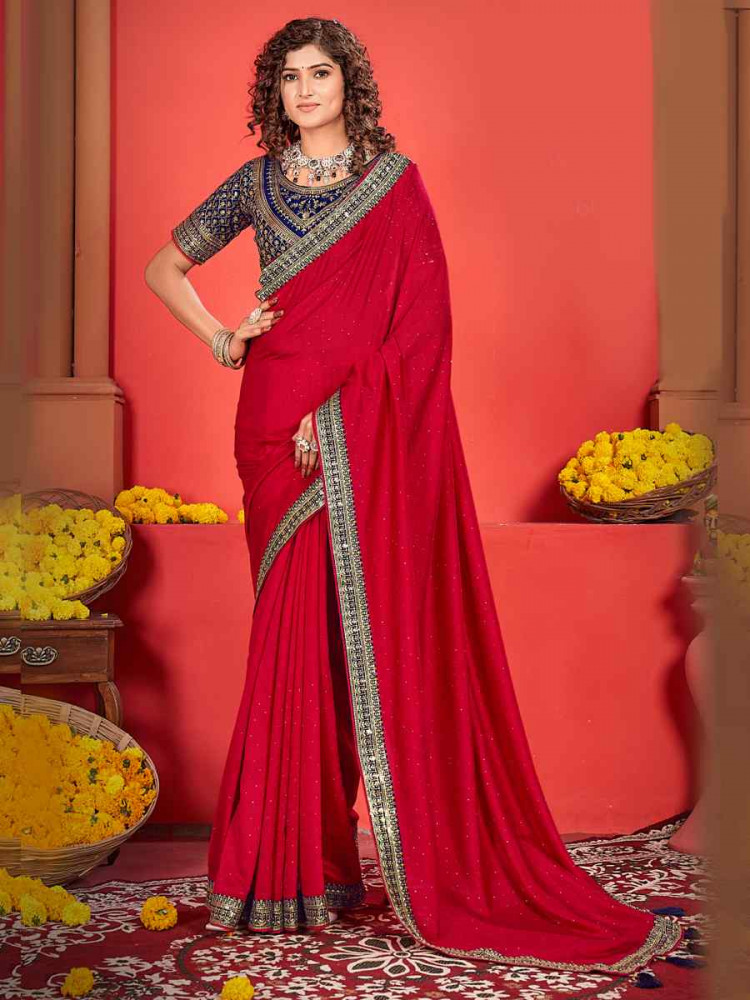 Red Vichitra Bluming Embroidered Bridesmaid Wedding Heavy Border Saree