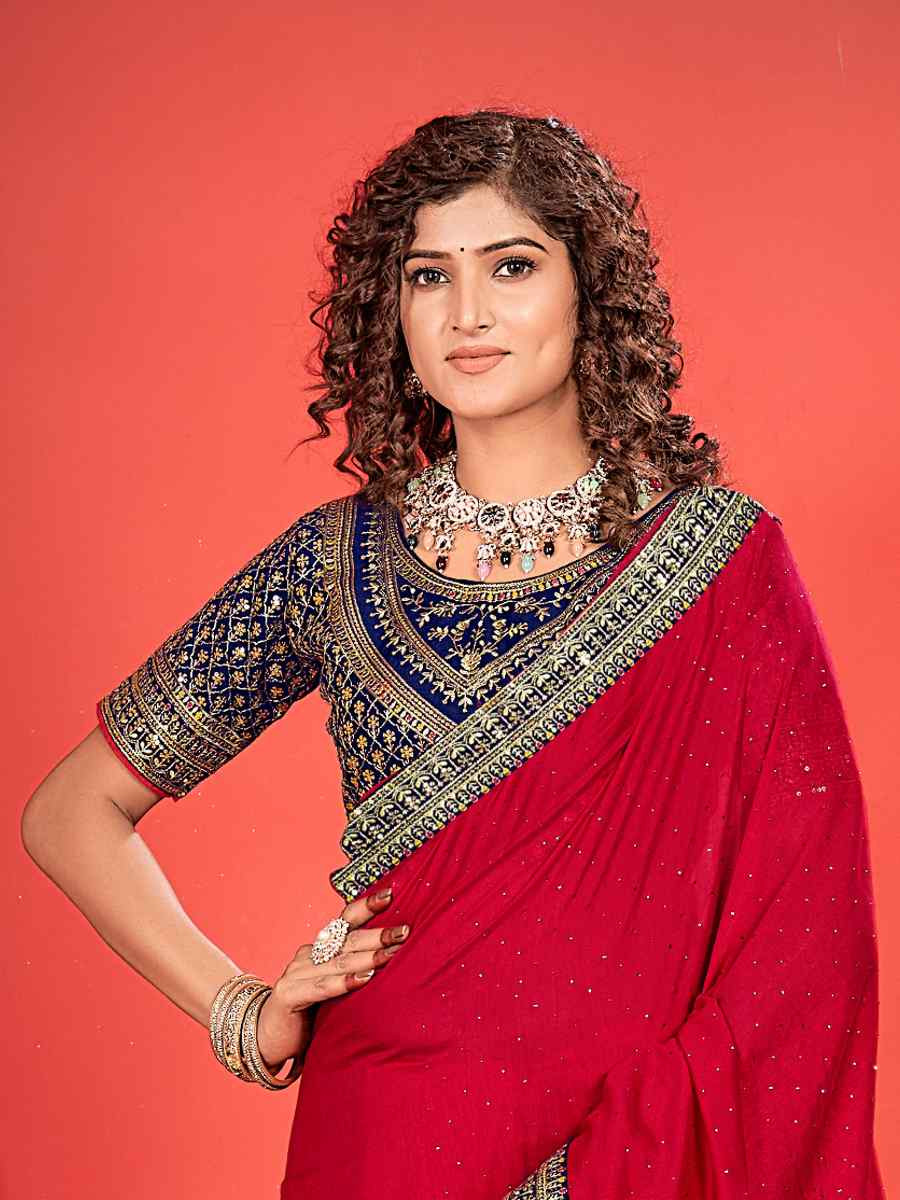 Red Vichitra Bluming Embroidered Bridesmaid Wedding Heavy Border Saree