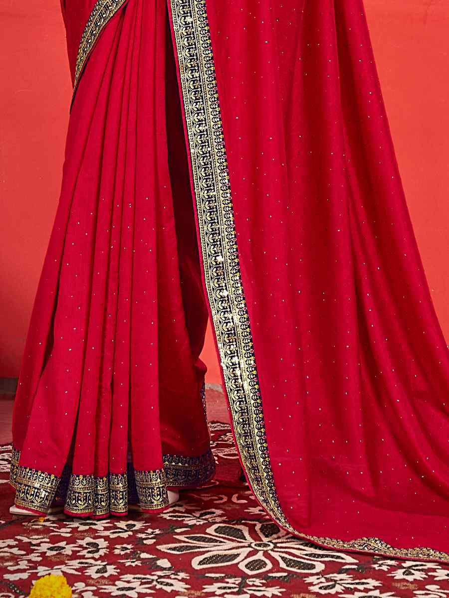 Red Vichitra Bluming Embroidered Bridesmaid Wedding Heavy Border Saree