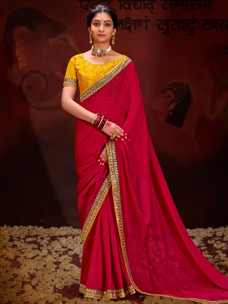 Red Vichitra Bluming Embroidered Festival Party Heavy Border Saree