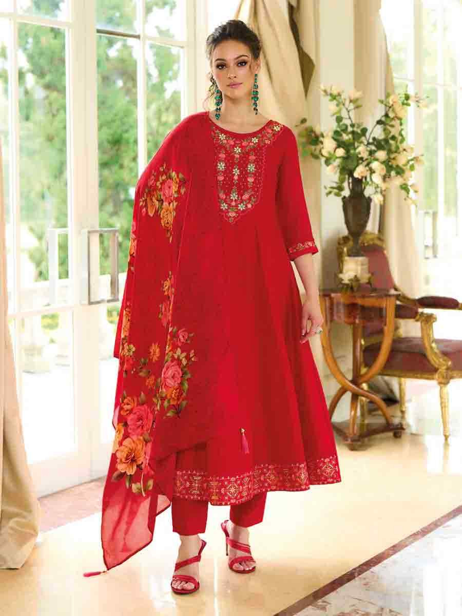 Red Vichitra Silk Embroidered Festival Casual Ready Anarkali Salwar Kameez