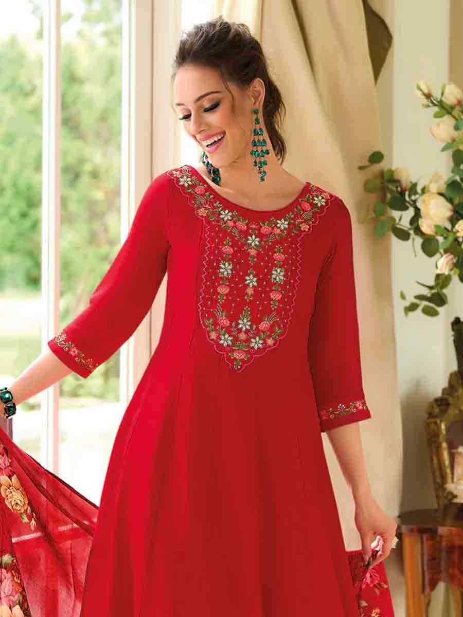 Red Vichitra Silk Embroidered Festival Casual Ready Anarkali Salwar Kameez