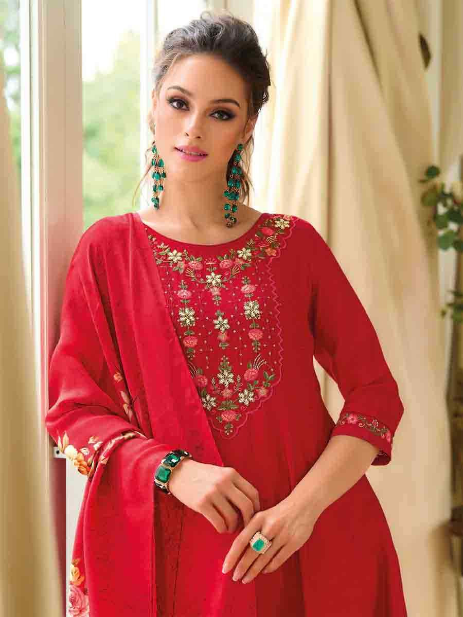 Red Vichitra Silk Embroidered Festival Casual Ready Anarkali Salwar Kameez