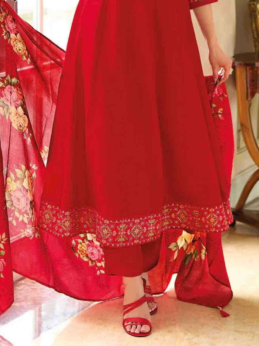 Red Vichitra Silk Embroidered Festival Casual Ready Anarkali Salwar Kameez