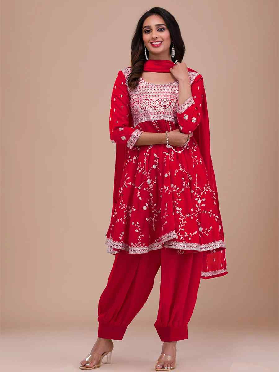 Red Vichitra Silk Embroidered Festival Casual Ready Patiala Salwar Kameez