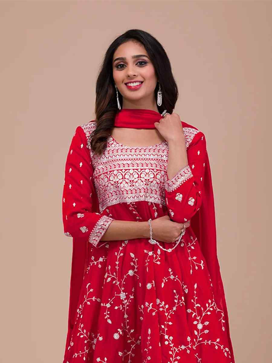 Red Vichitra Silk Embroidered Festival Casual Ready Patiala Salwar Kameez