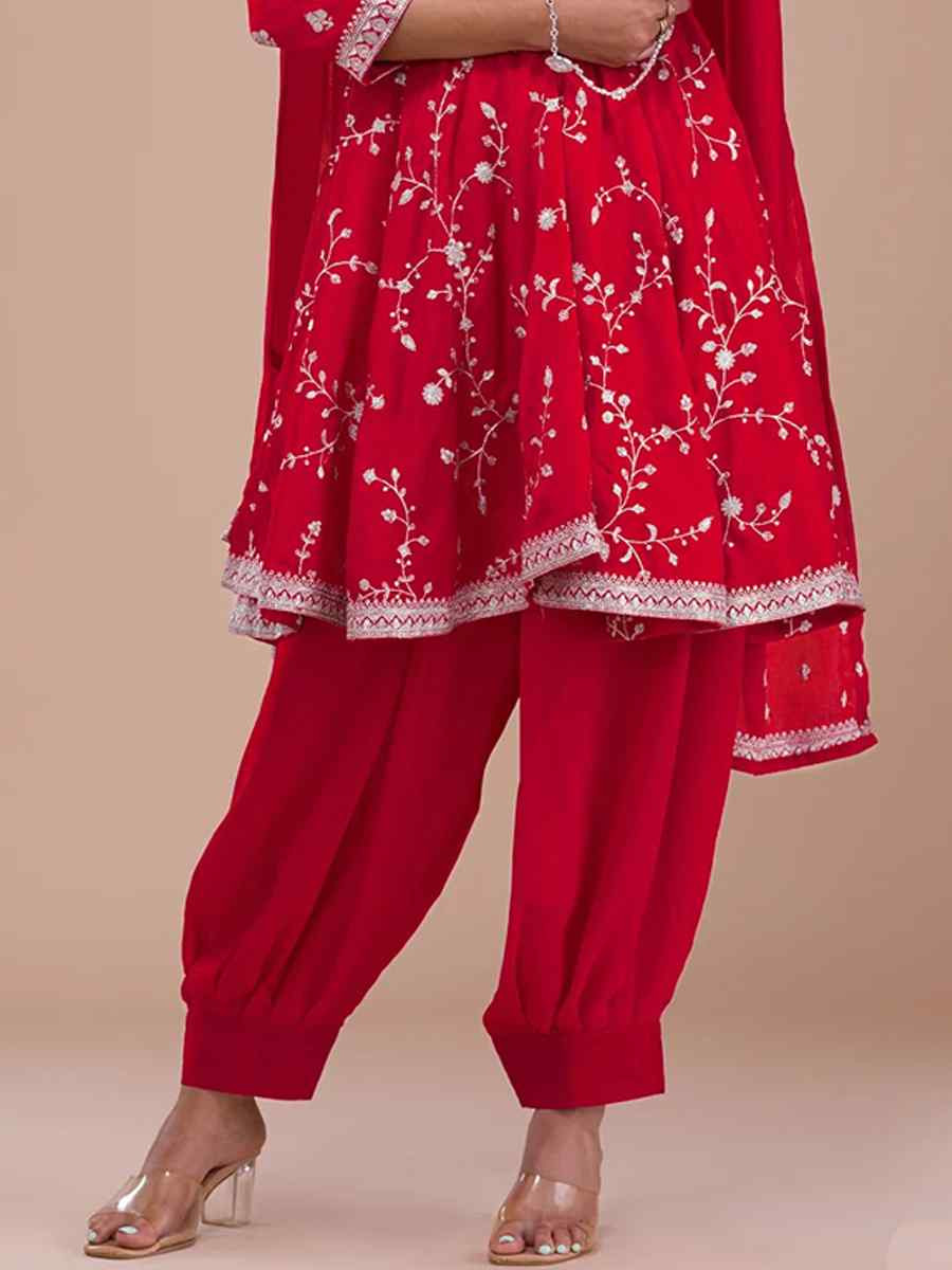 Red Vichitra Silk Embroidered Festival Casual Ready Patiala Salwar Kameez