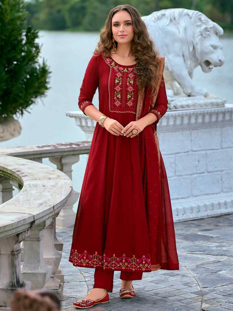 Red Vichitra Silk Embroidered Festival Mehendi Ready Anarkali Salwar Kameez