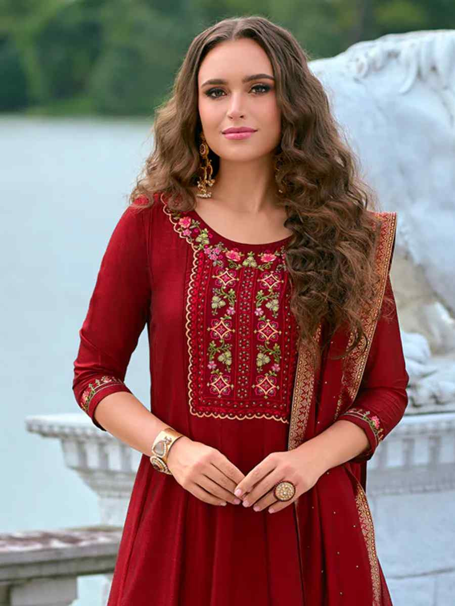 Red Vichitra Silk Embroidered Festival Mehendi Ready Anarkali Salwar Kameez