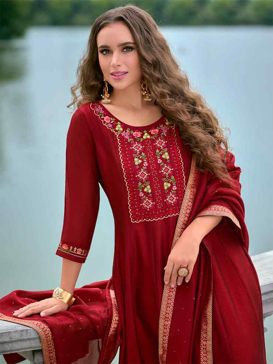 Red Vichitra Silk Embroidered Festival Mehendi Ready Anarkali Salwar Kameez