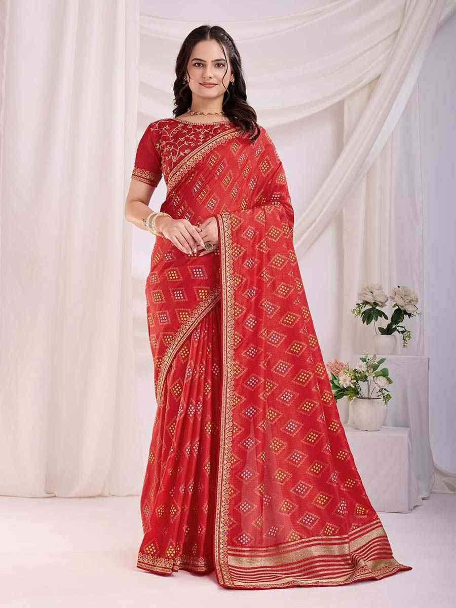 Red Vichitra Silk Printed Festival Wedding Contemporary Saree