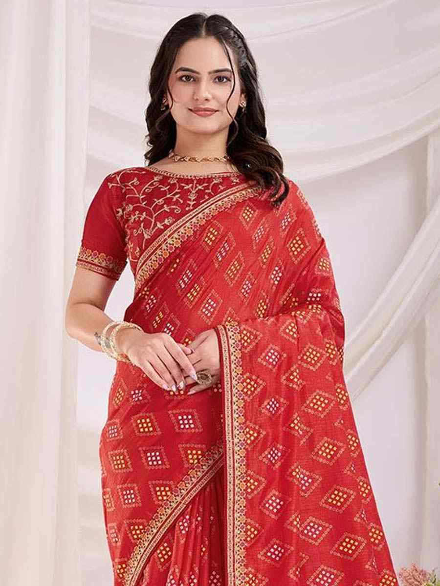 Red Vichitra Silk Printed Festival Wedding Contemporary Saree