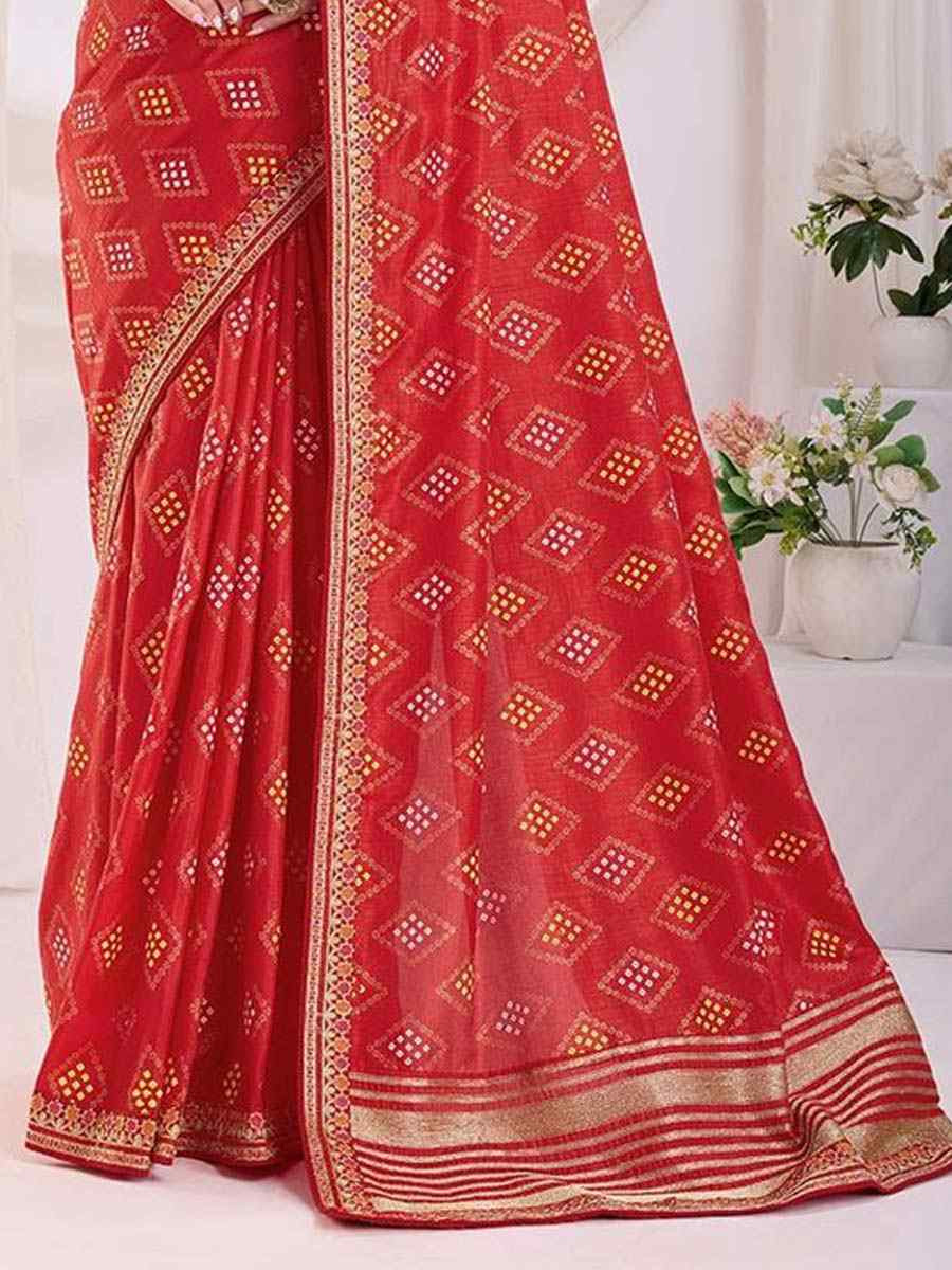 Red Vichitra Silk Printed Festival Wedding Contemporary Saree