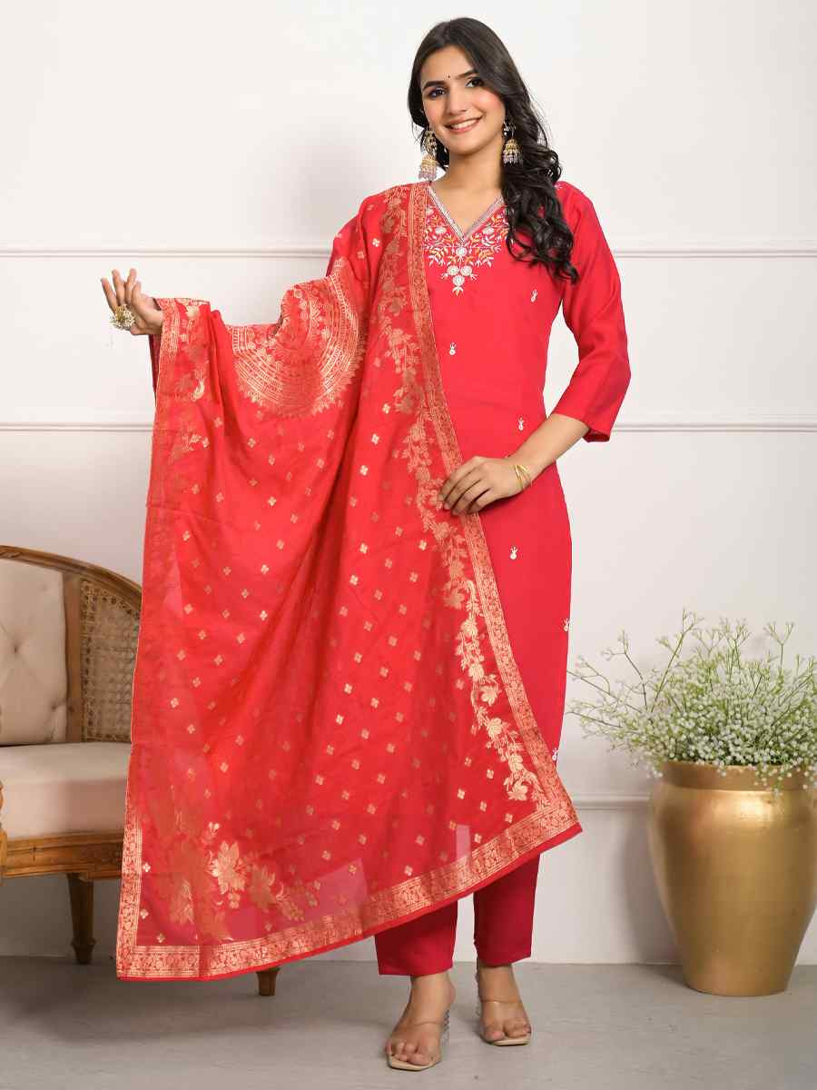 Red Viscose Chanderi Embroidered Festival Wedding Pant Salwar Kameez