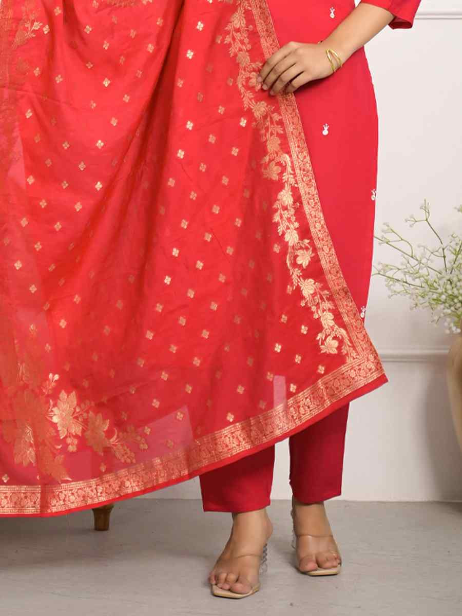 Red Viscose Chanderi Embroidered Festival Wedding Pant Salwar Kameez