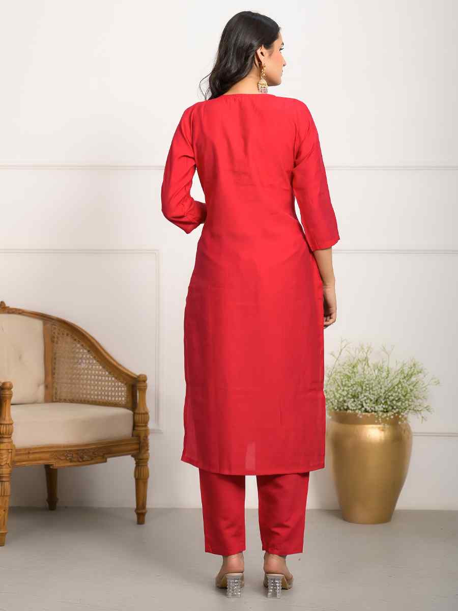 Red Viscose Chanderi Embroidered Festival Wedding Pant Salwar Kameez