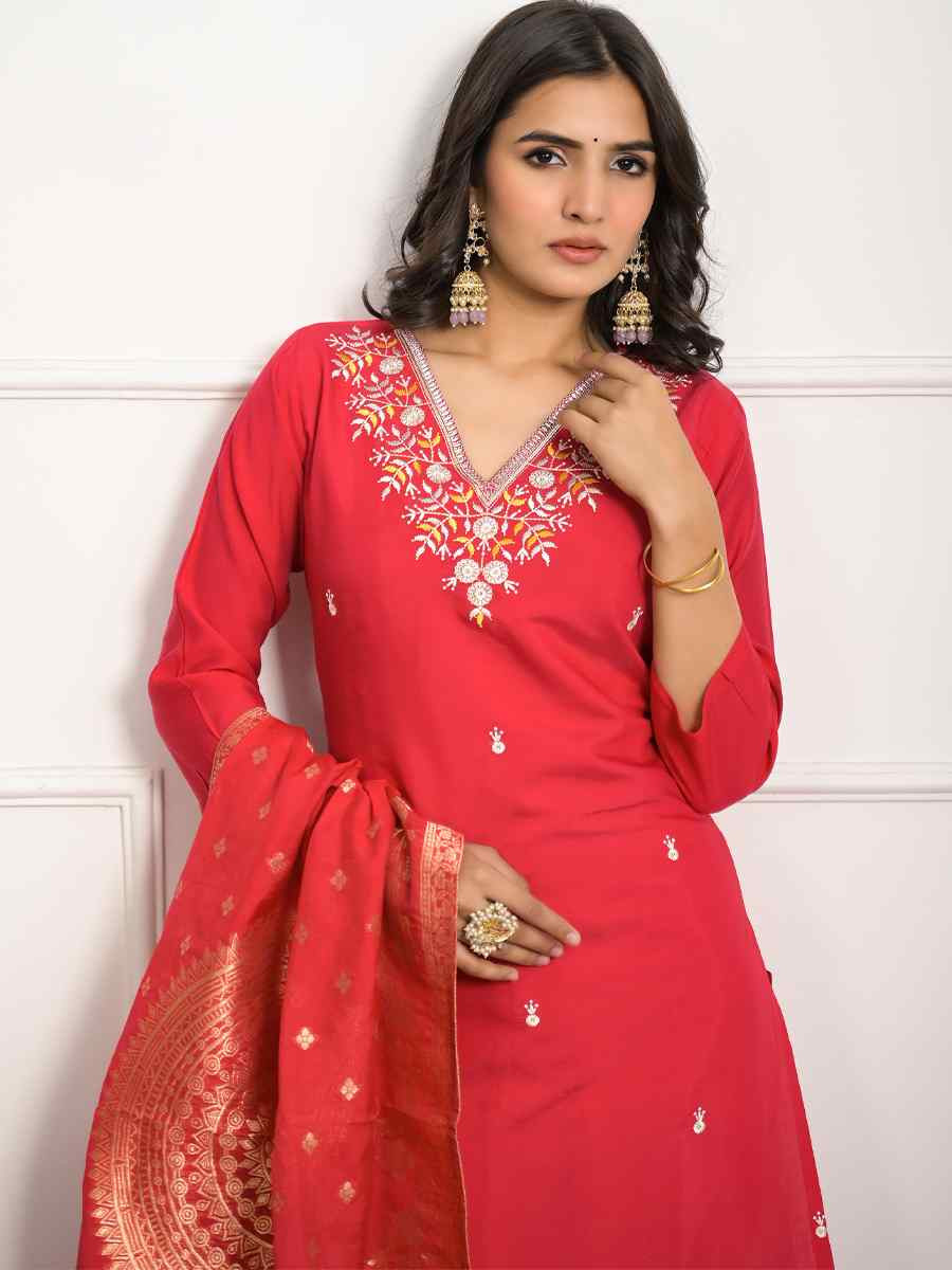 Red Viscose Chanderi Embroidered Festival Wedding Pant Salwar Kameez