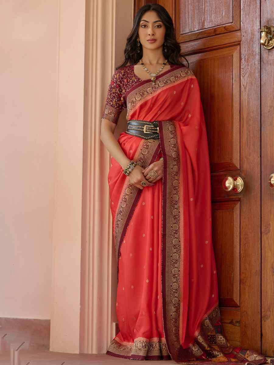 Red Viscose Handwoven Festival Wedding Heavy Border Saree