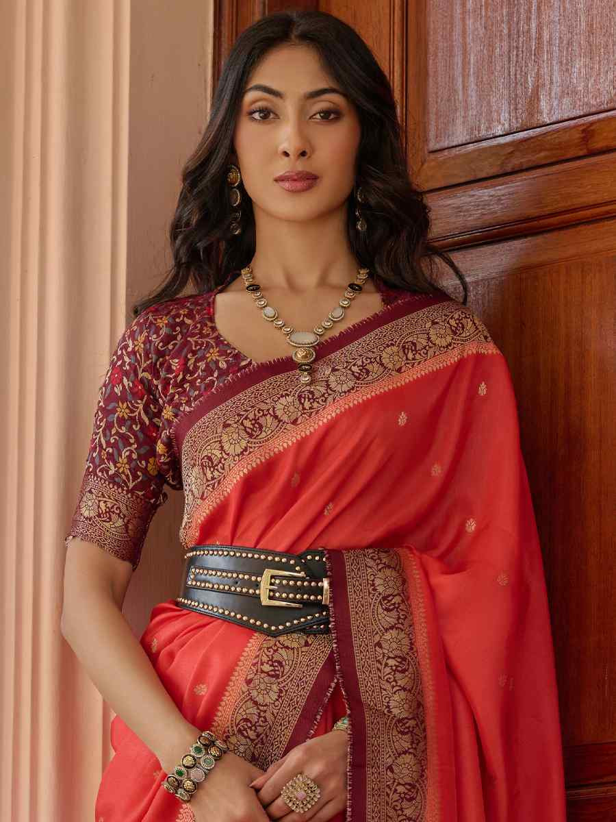 Red Viscose Handwoven Festival Wedding Heavy Border Saree