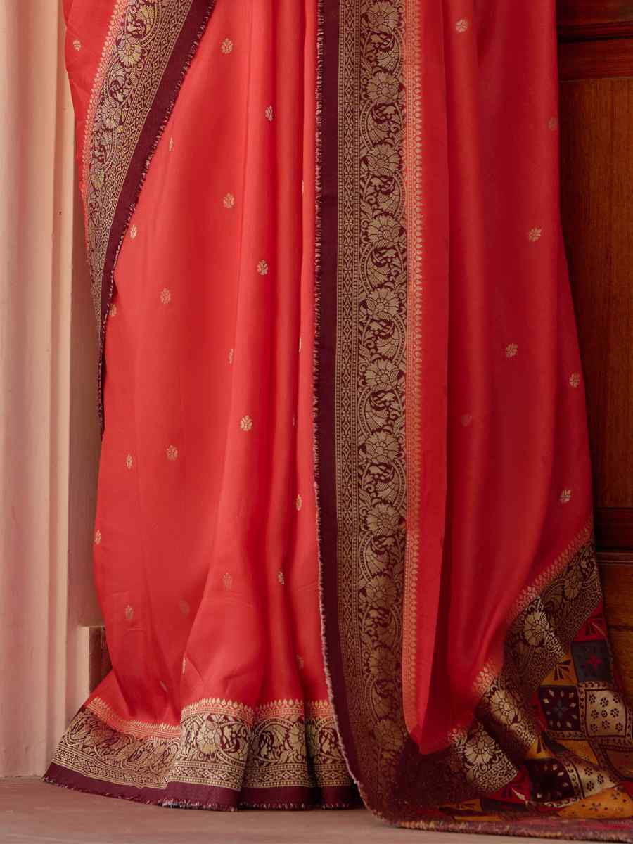 Red Viscose Handwoven Festival Wedding Heavy Border Saree