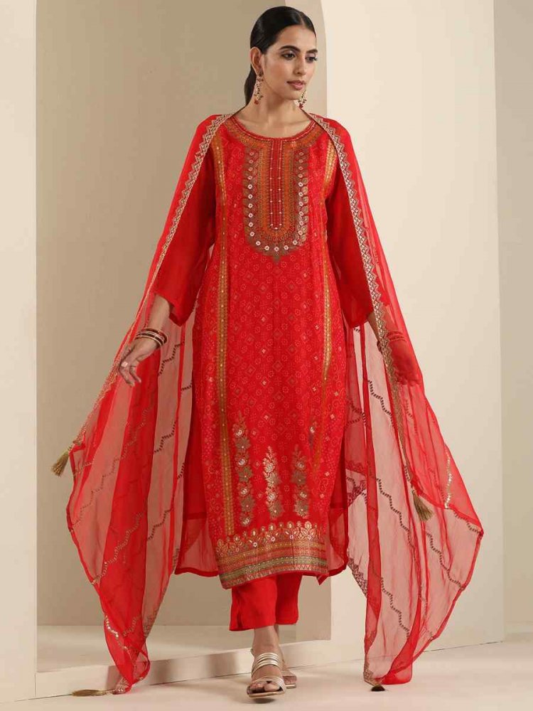 Red Viscose Jacquard Embroidered Festival Mehendi Ready Pant Salwar Kameez