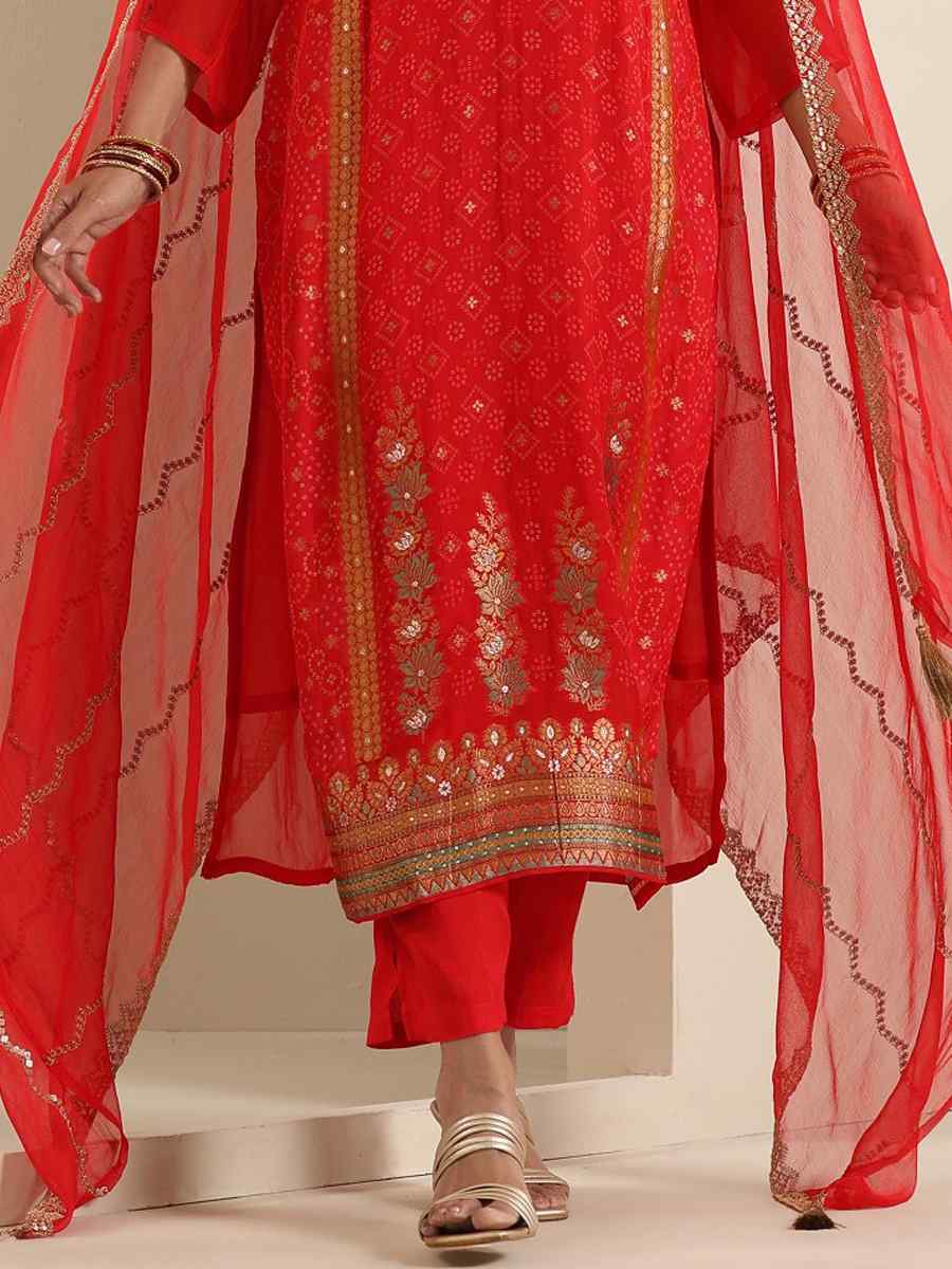 Red Viscose Jacquard Embroidered Festival Mehendi Ready Pant Salwar Kameez