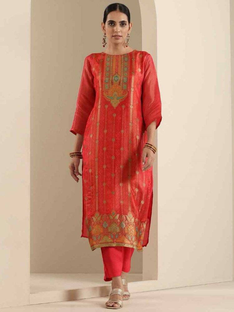 Red Viscose Jacquard Embroidered Festival Mehendi Ready Pant Salwar Kameez