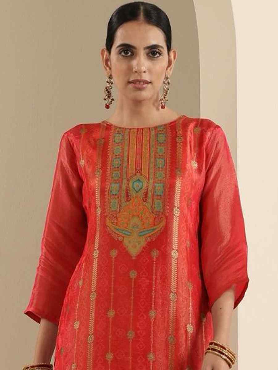 Red Viscose Jacquard Embroidered Festival Mehendi Ready Pant Salwar Kameez