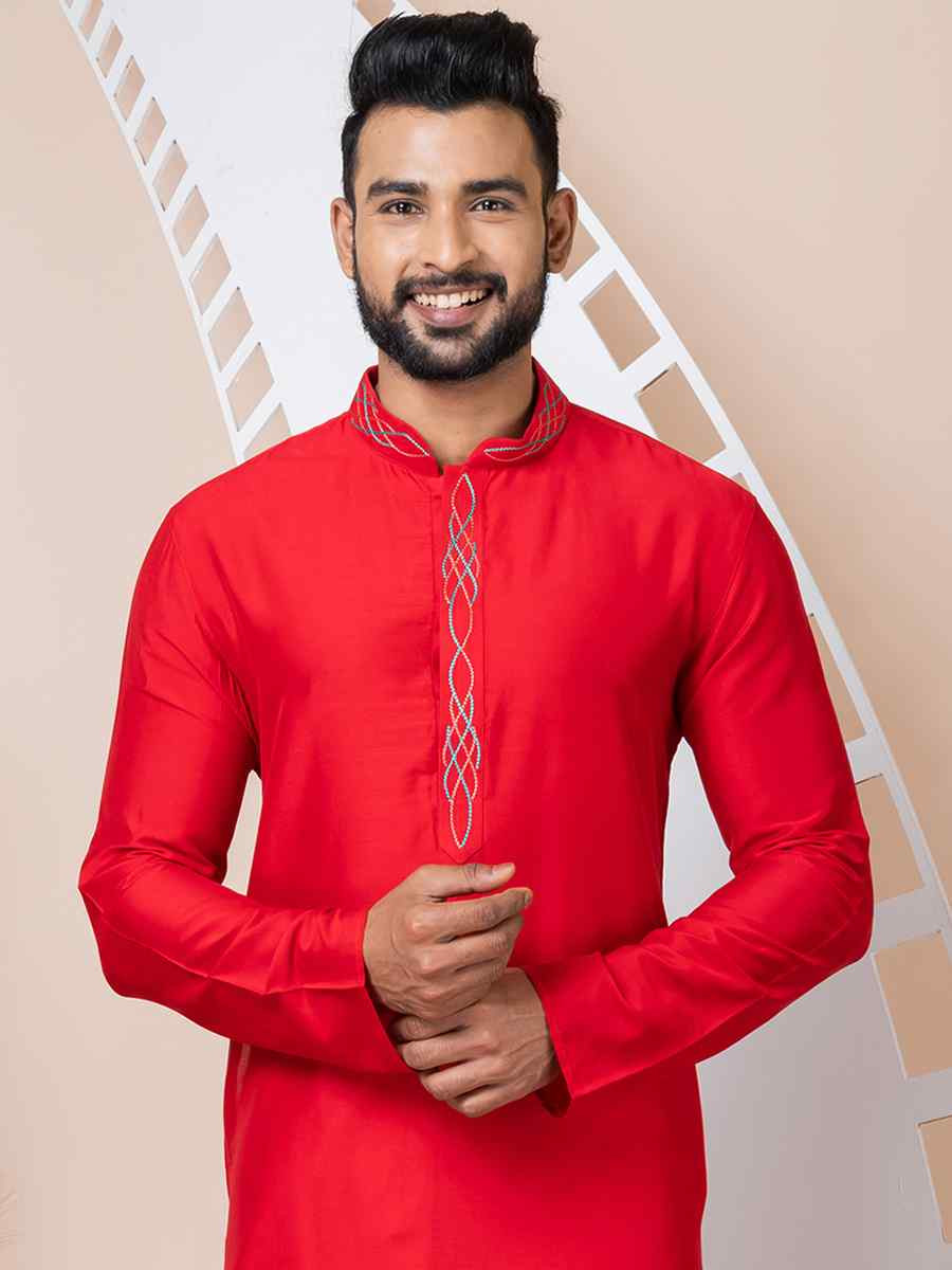 Red Viscose Printed Festival Mehendi Kurta