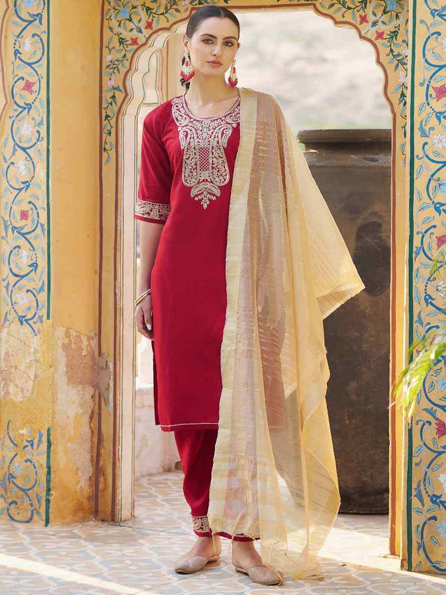 Red Viscose Rayon Embroidered Festival Mehendi Ready Pant Salwar Kameez