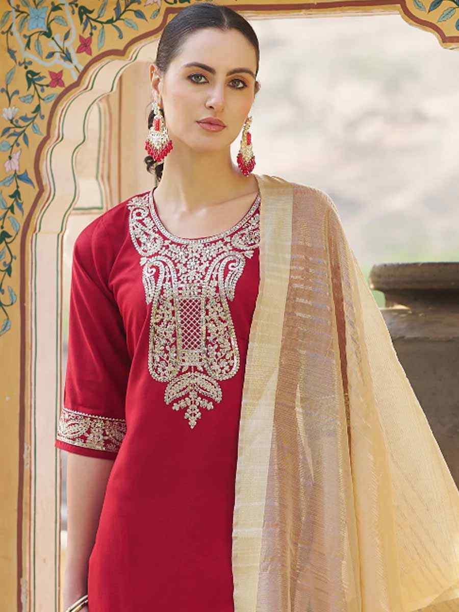 Red Viscose Rayon Embroidered Festival Mehendi Ready Pant Salwar Kameez