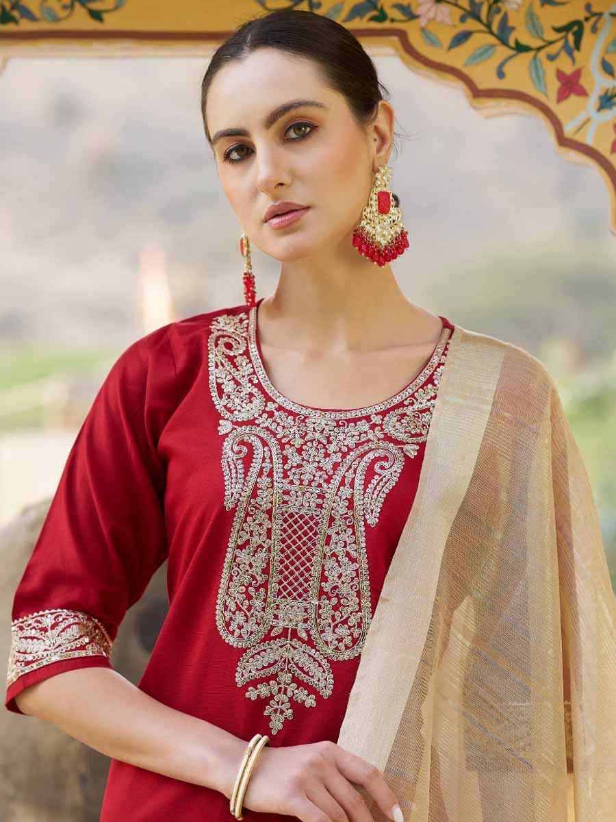 Red Viscose Rayon Embroidered Festival Mehendi Ready Pant Salwar Kameez