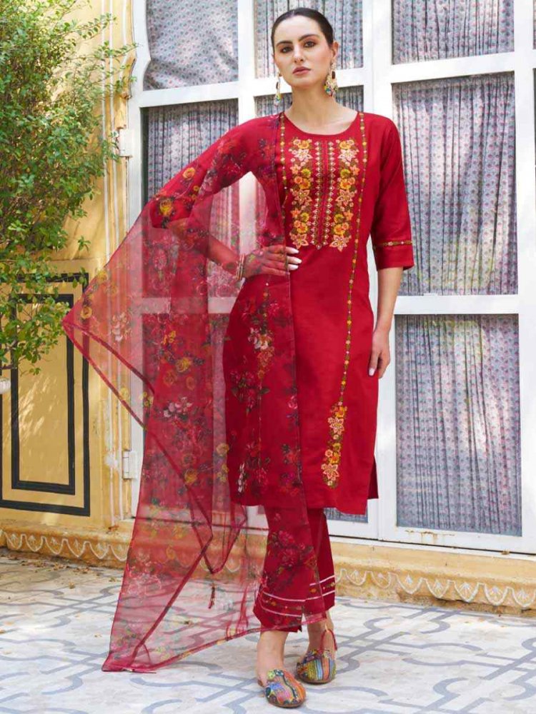 Red Viscose Rayon Embroidered Festival Mehendi Ready Pant Salwar Kameez