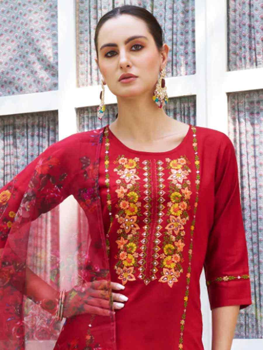 Red Viscose Rayon Embroidered Festival Mehendi Ready Pant Salwar Kameez