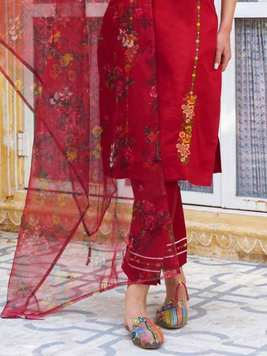 Red Viscose Rayon Embroidered Festival Mehendi Ready Pant Salwar Kameez