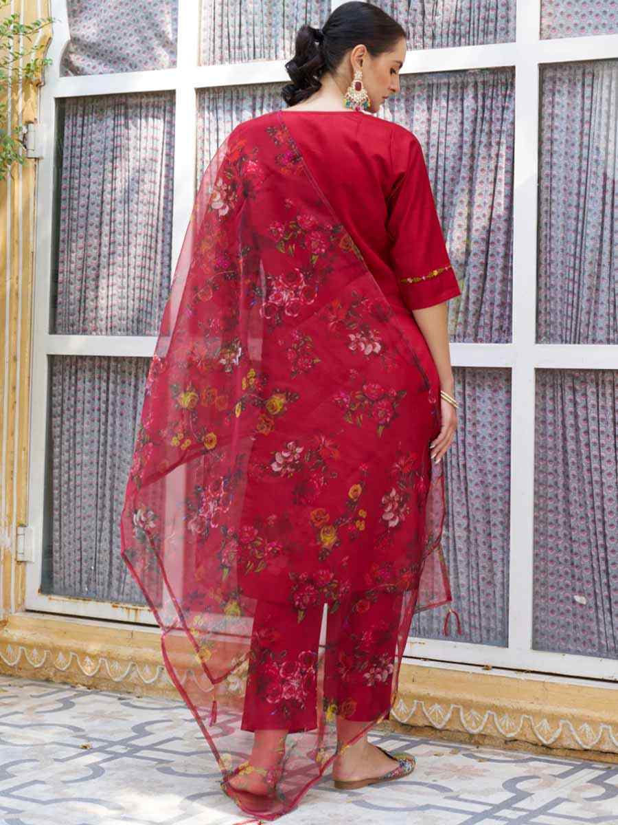 Red Viscose Rayon Embroidered Festival Mehendi Ready Pant Salwar Kameez