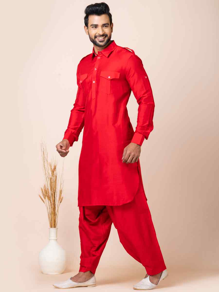 Red Viscose Woven Festival Mehendi Kurta