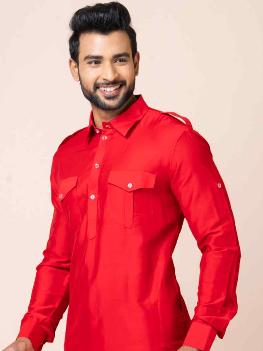 Red Viscose Woven Festival Mehendi Kurta