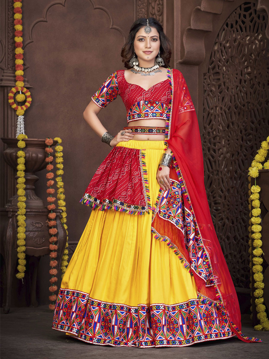 Red Yellow Georgette Printed Festival Mehendi Circular Lehenga Choli