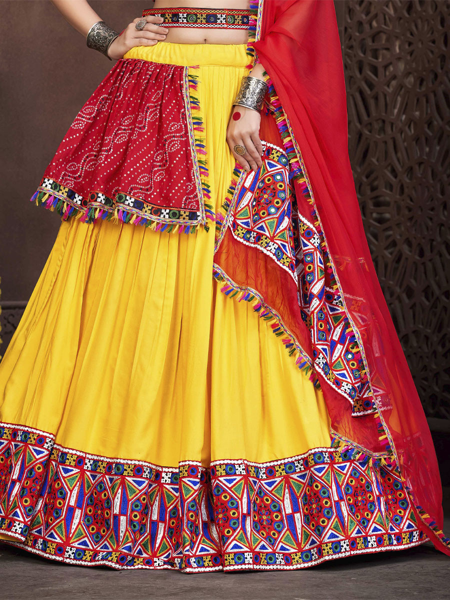 Red Yellow Georgette Printed Festival Mehendi Circular Lehenga Choli