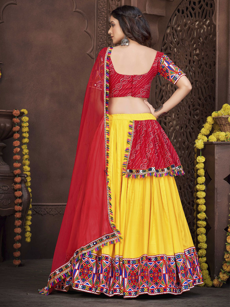 Red Yellow Georgette Printed Festival Mehendi Circular Lehenga Choli