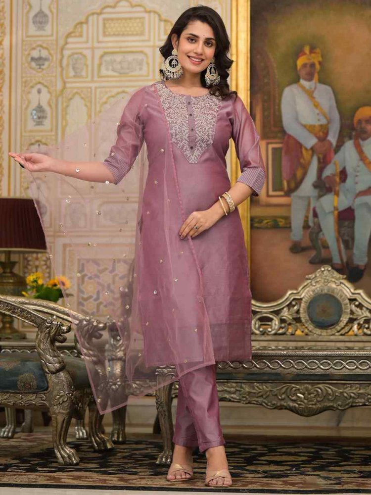 Rose Gold Cotton Silk Embroidered Festival Casual Ready Pant Salwar Kameez