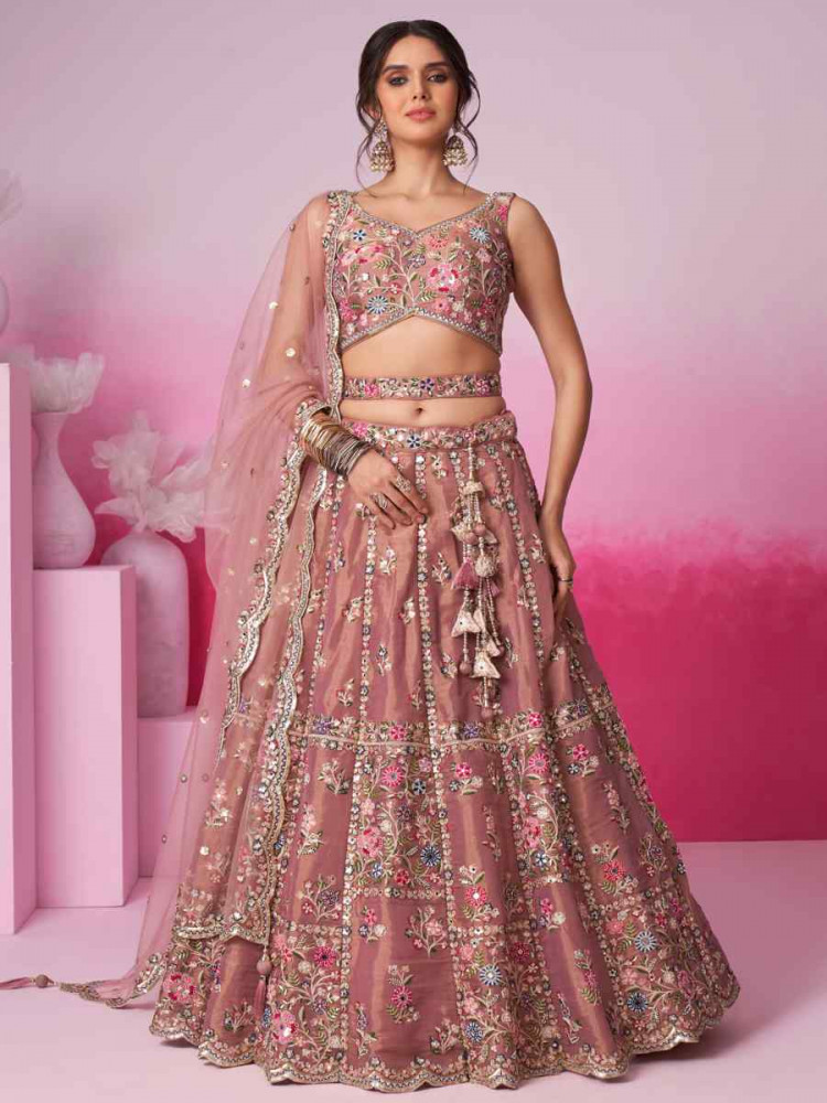 Rose Gold Net Embroidered Bridesmaid Wedding Heavy Border Lehenga Choli