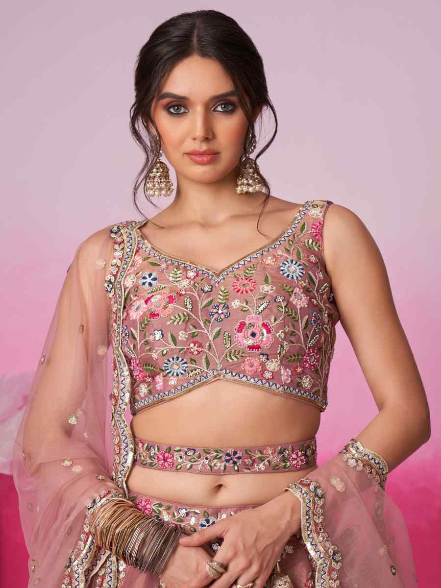 Rose Gold Net Embroidered Bridesmaid Wedding Heavy Border Lehenga Choli