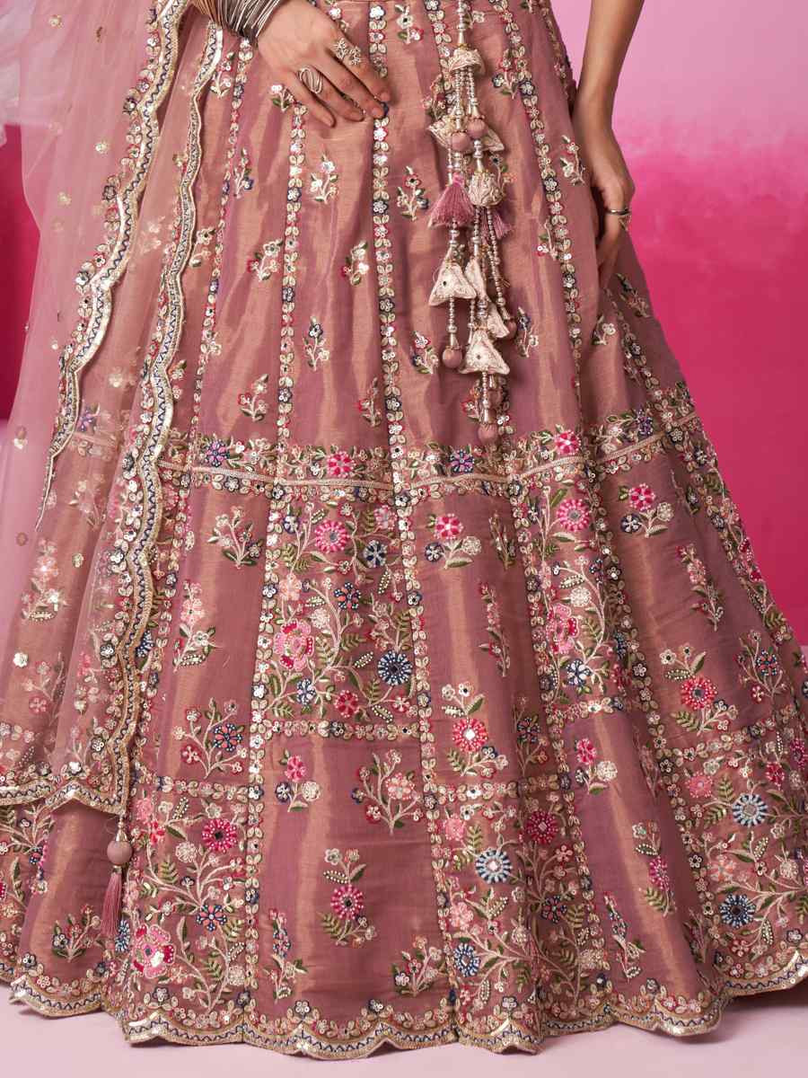 Rose Gold Net Embroidered Bridesmaid Wedding Heavy Border Lehenga Choli