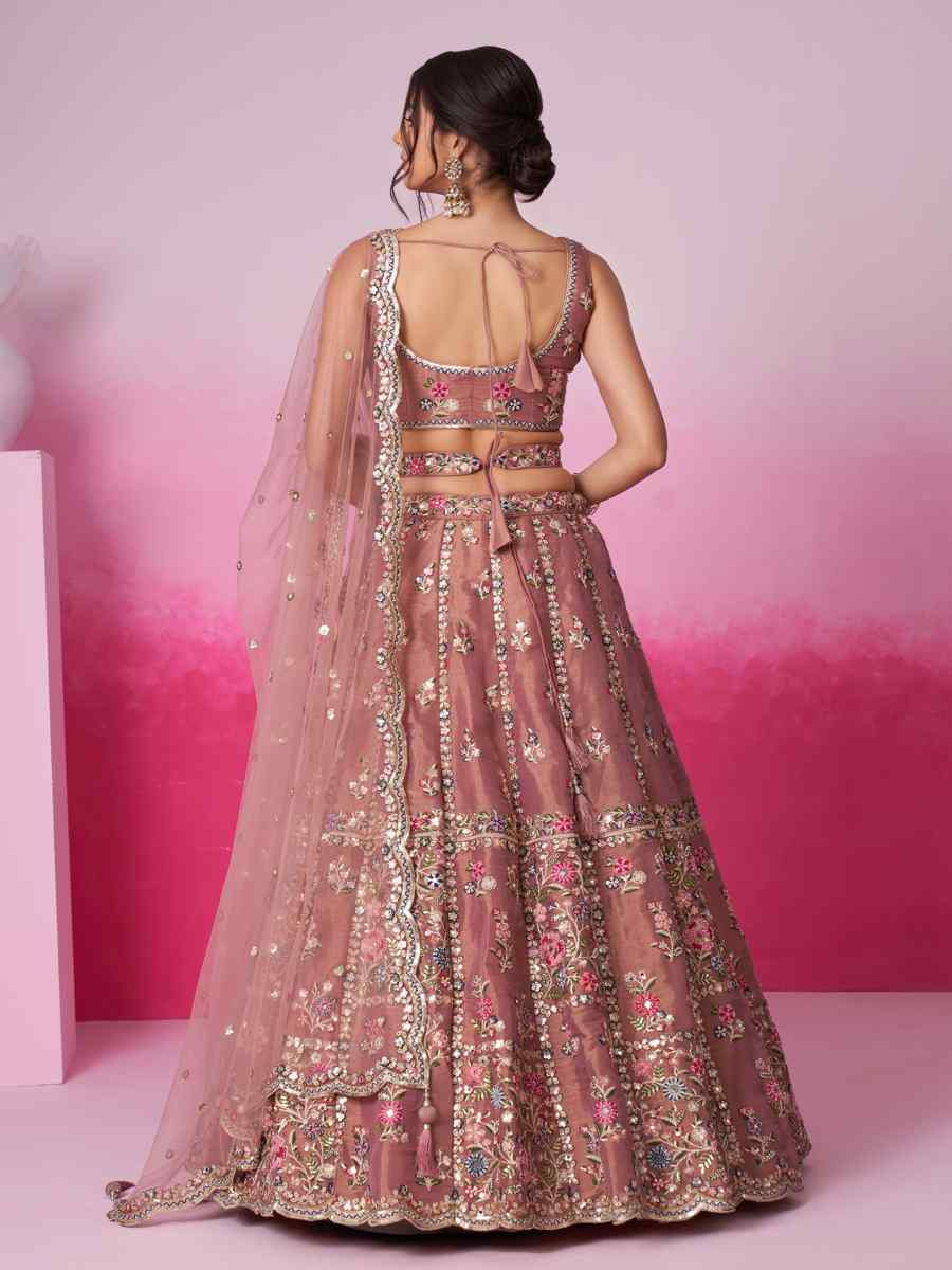 Rose Gold Net Embroidered Bridesmaid Wedding Heavy Border Lehenga Choli