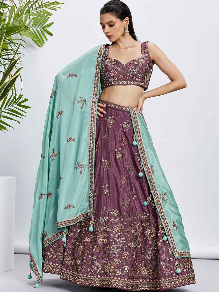 Rose Gold Pure Chiffon Embroidered Bridesmaid Wedding Heavy Border Lehenga Choli