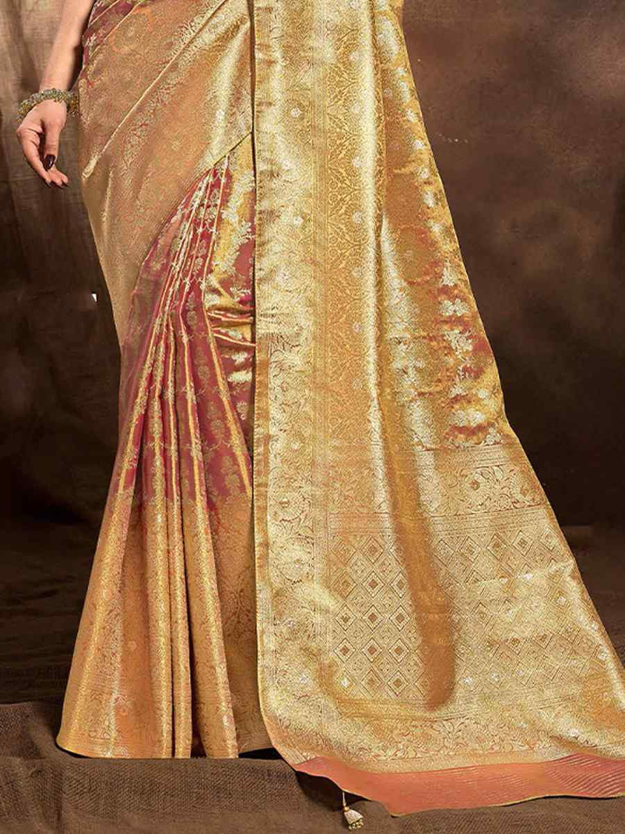 Rose Gold Silk Handwoven Festival Wedding Heavy Border Saree