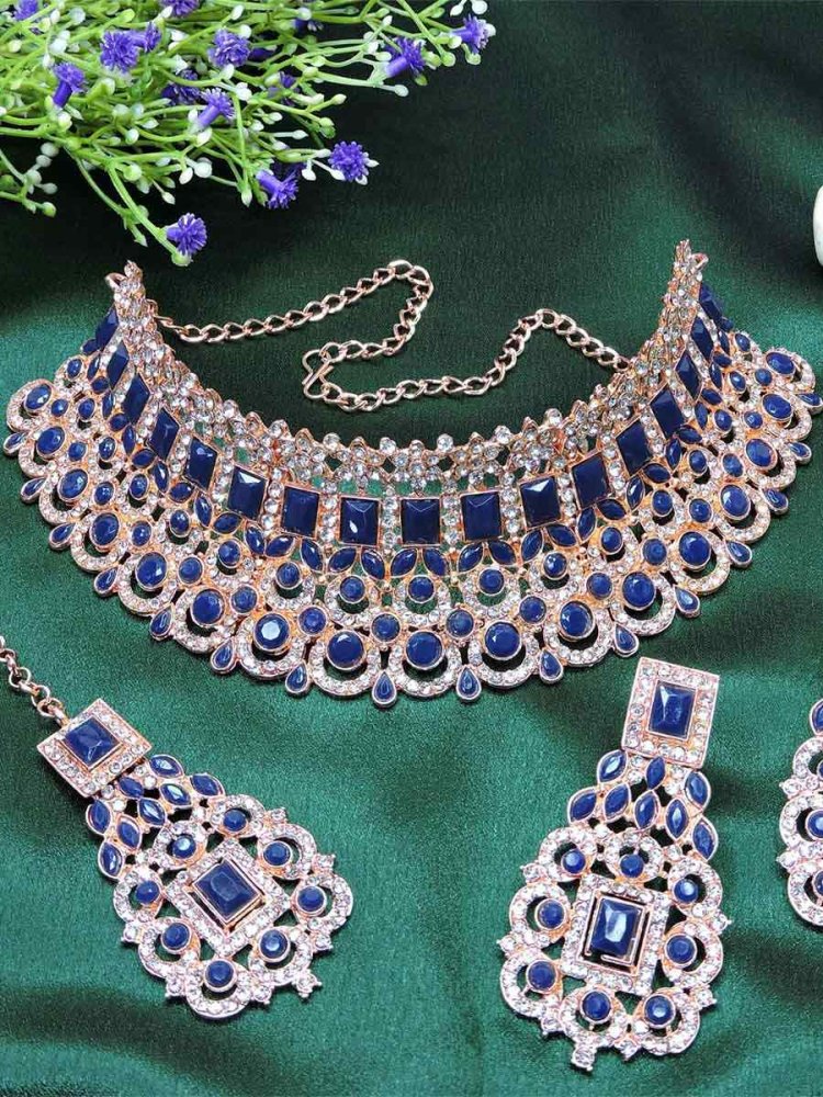 Rose Navy Blue Alloy Festival Wear Kundan Necklace