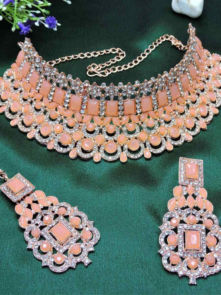 Rose Peach Alloy Festival Wear Kundan Necklace